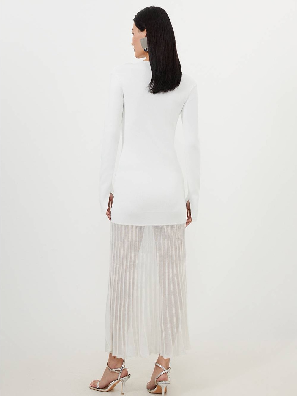 Karen Millen Viscose Blend Knit Pleated Sheer Skirt Cream Maxi Dress Fitted NWT - Picture 3 of 9